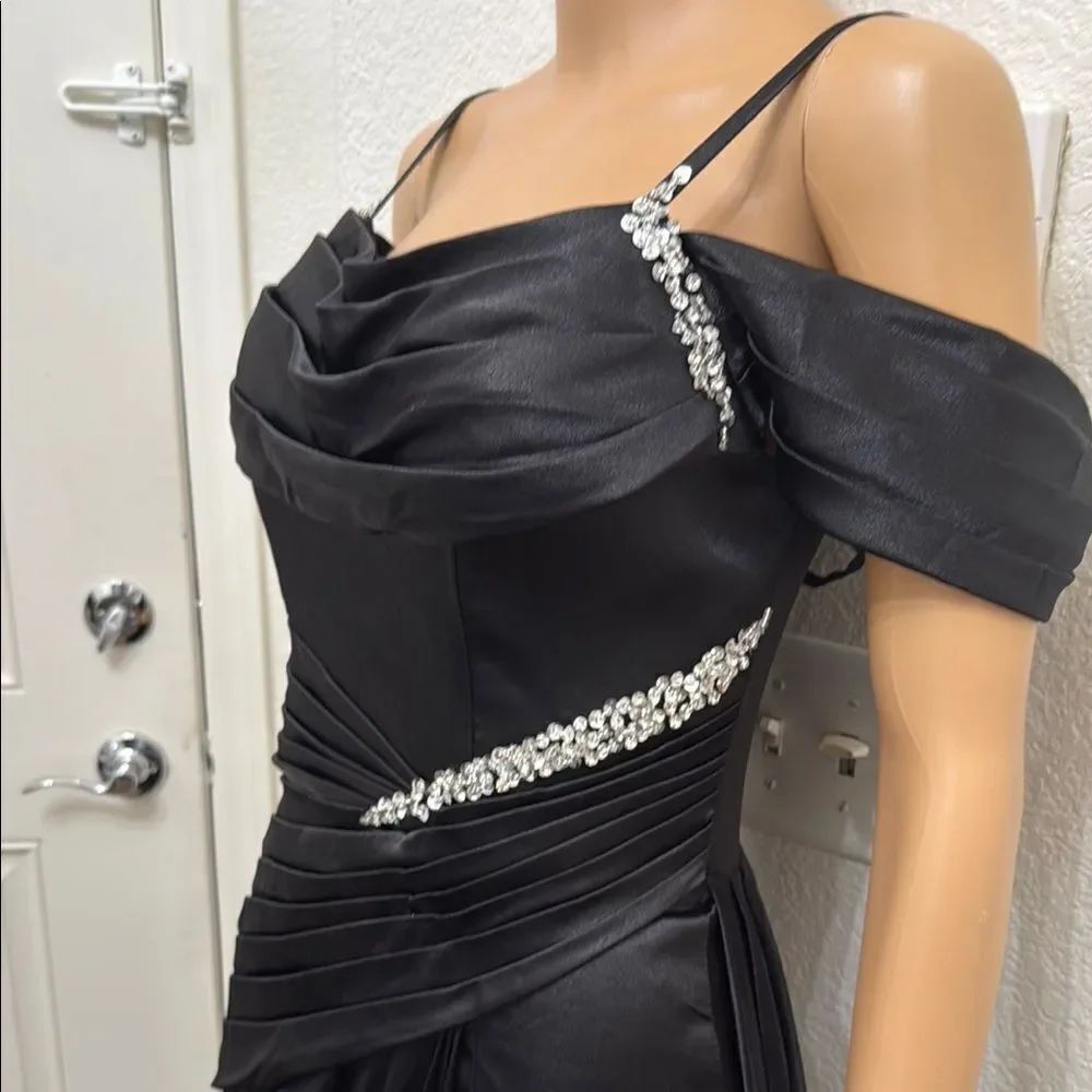 Black Ruched Off-Shoulder Prom Gown - Picture 6 of 17